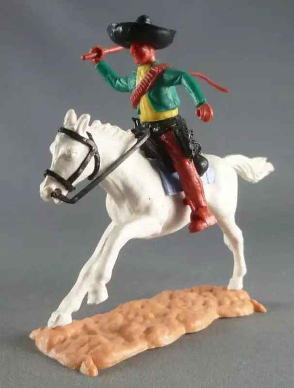 Timpo - Mexicains - Cavalier ceinture moulée bras droit levé veste verte fouet pantalon marron sombrero noir cheval blanc galop Paiement Sécurisé