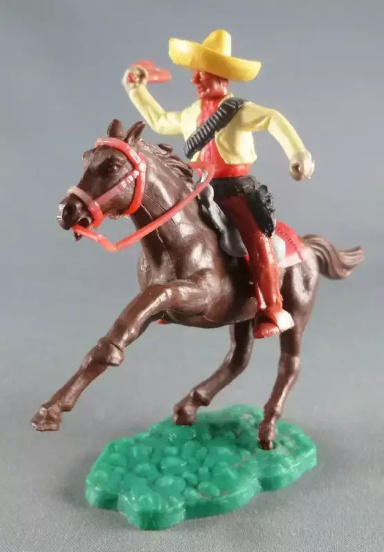 Meilleur Prix Timpo - Mexicains - Cavalier ceinture moulée bras droit levé veste jaune fouet pantalon marron sombrero jaune cheval brun galop