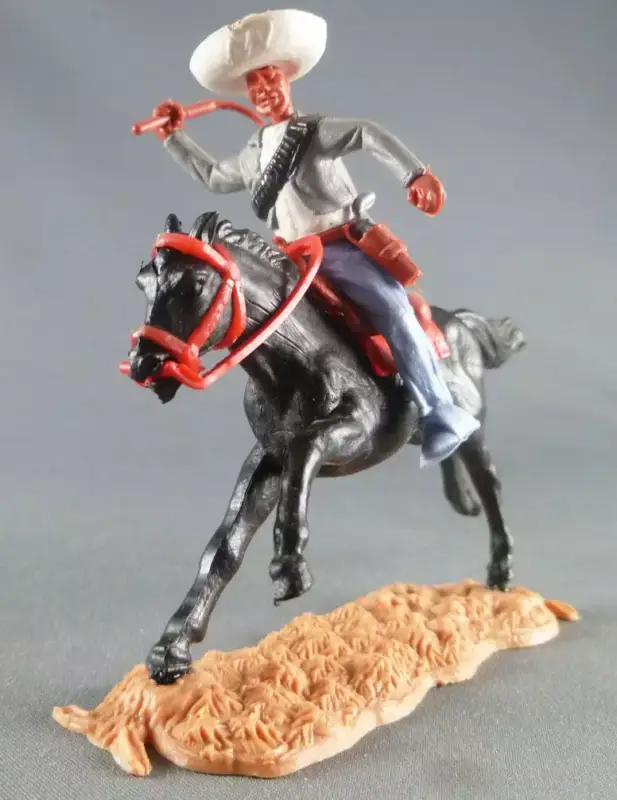 Timpo - Mexicains - Cavalier ceinture séparée bras droit levé veste grise fouet pantalon bleu sombrero blanc cheval noir galop Acheter En Ligne