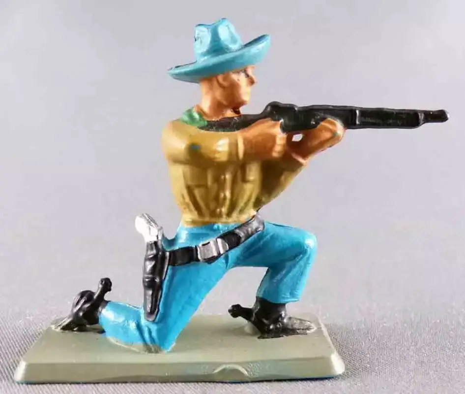 Starlux - Nestlé Kohler - Cow-Boys - Piéton Tireur Fusil Genoux (Ocre & Bleu ciel) N° 134 Super Prix