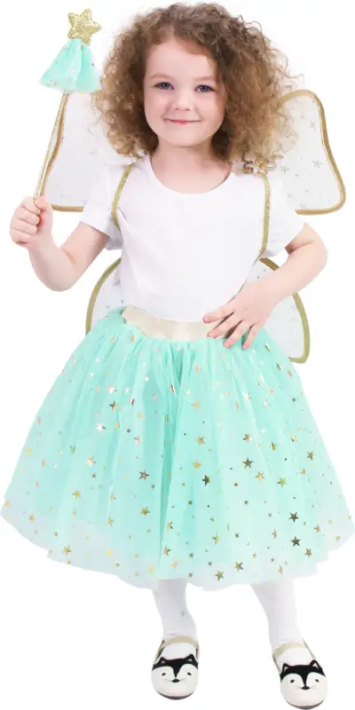 Promotion Costume enfant tutu jupe fée verte avec baguette et ailes e-emballage