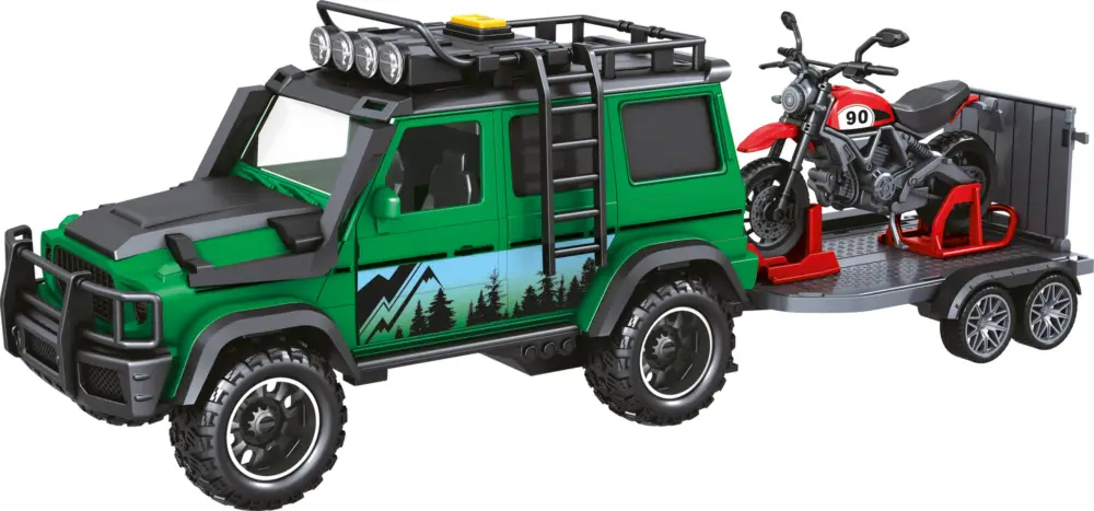 Acheter En Ligne CITY SERVICE CAR - 1:14 Véhicule de garde forestière avec remorque et moto avec son et lumières