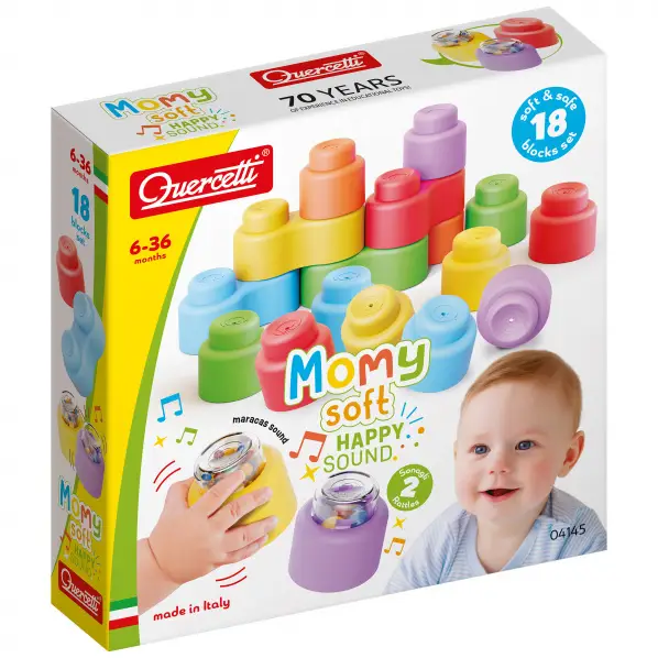 Solde Quercetti Momy Soft Happy Sound – cubes souples + 2 cubes sonores – 18 pcs